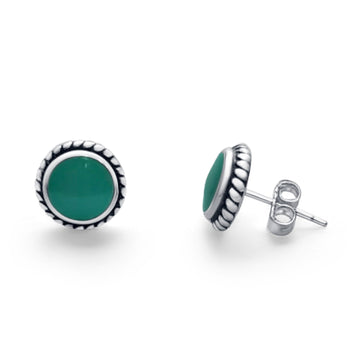 Twisted Rope Design Stud Post Earrings Round Simulated Turquoise 925 Sterling Silver